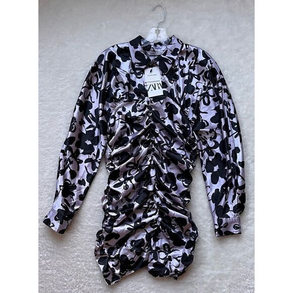 NWT Zara Blogger’s Favorite “The Dita” Satin Effect Printed Ruched Mini Dress - Picture 10 of 16